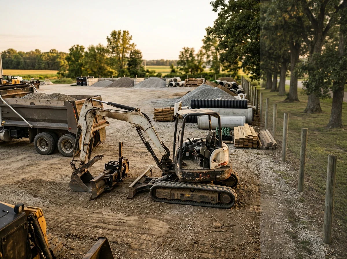 Grading equipment and excavation machinery ready for site work, showcasing the tools and fleet used for land preparation and drainage projects.