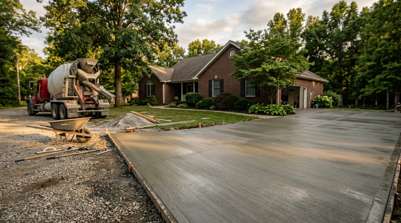 Newly installed residential concrete driveway