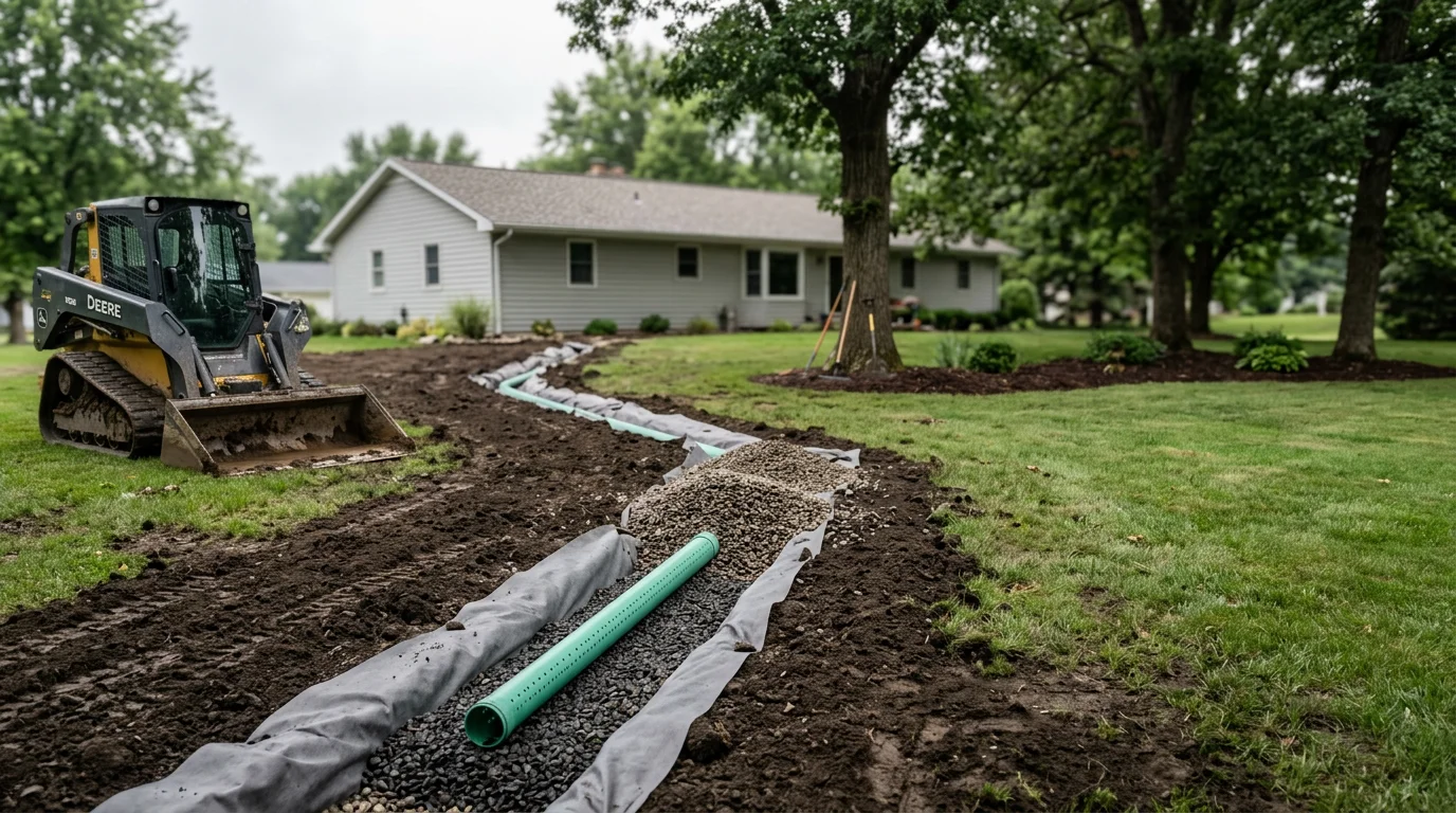 French drain installation protecting residential foundation