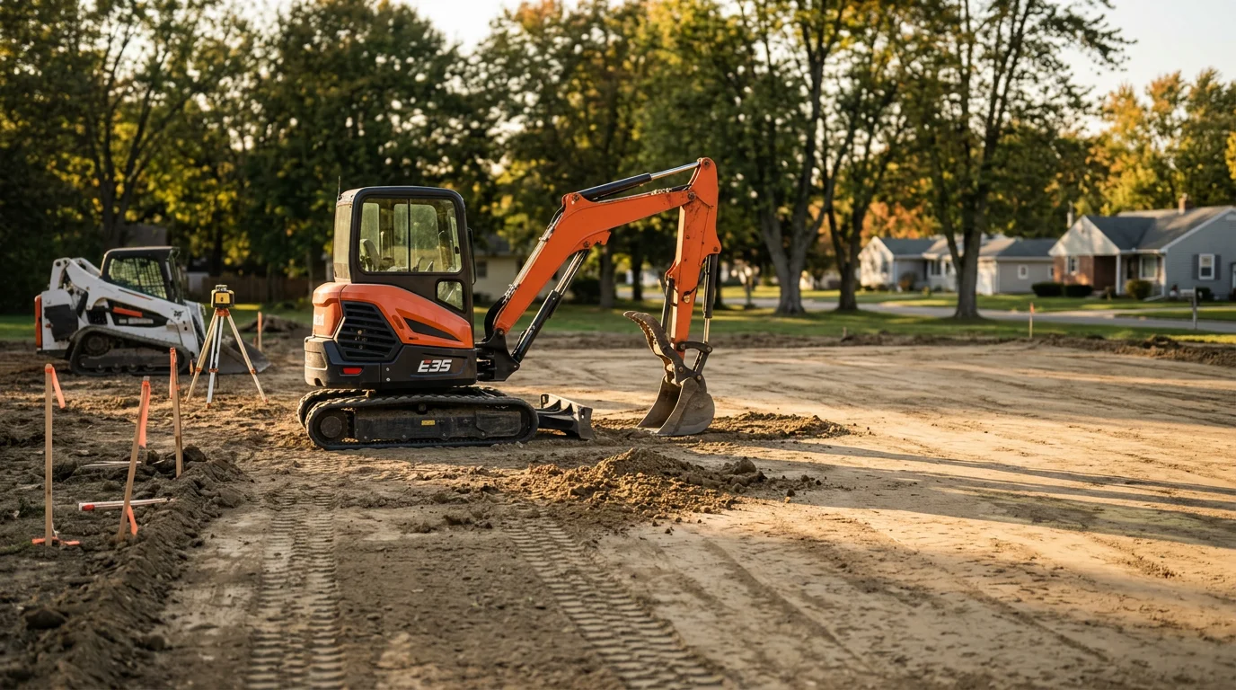 Excavator working on residential site preparation in Indiana