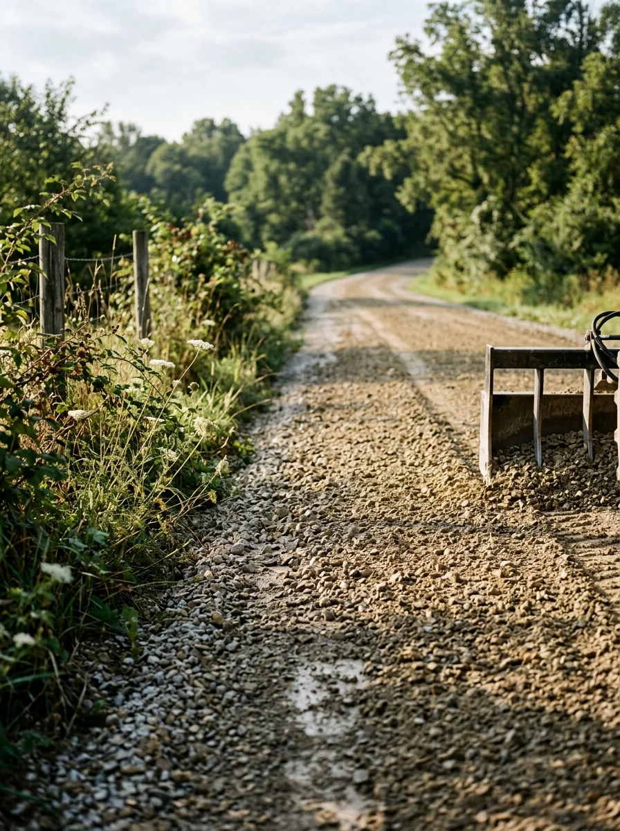 Gravel hauling and driveway restoration on a rural Dearborn County road near Aurora, Indiana, with fresh aggregate being spread on a washed-out driving surface.
