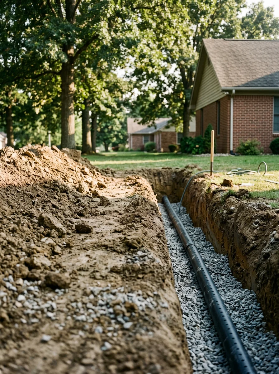 French drain trench being excavated in a Batesville, Indiana backyard with clay soil exposed and perforated pipe laid in gravel bedding.