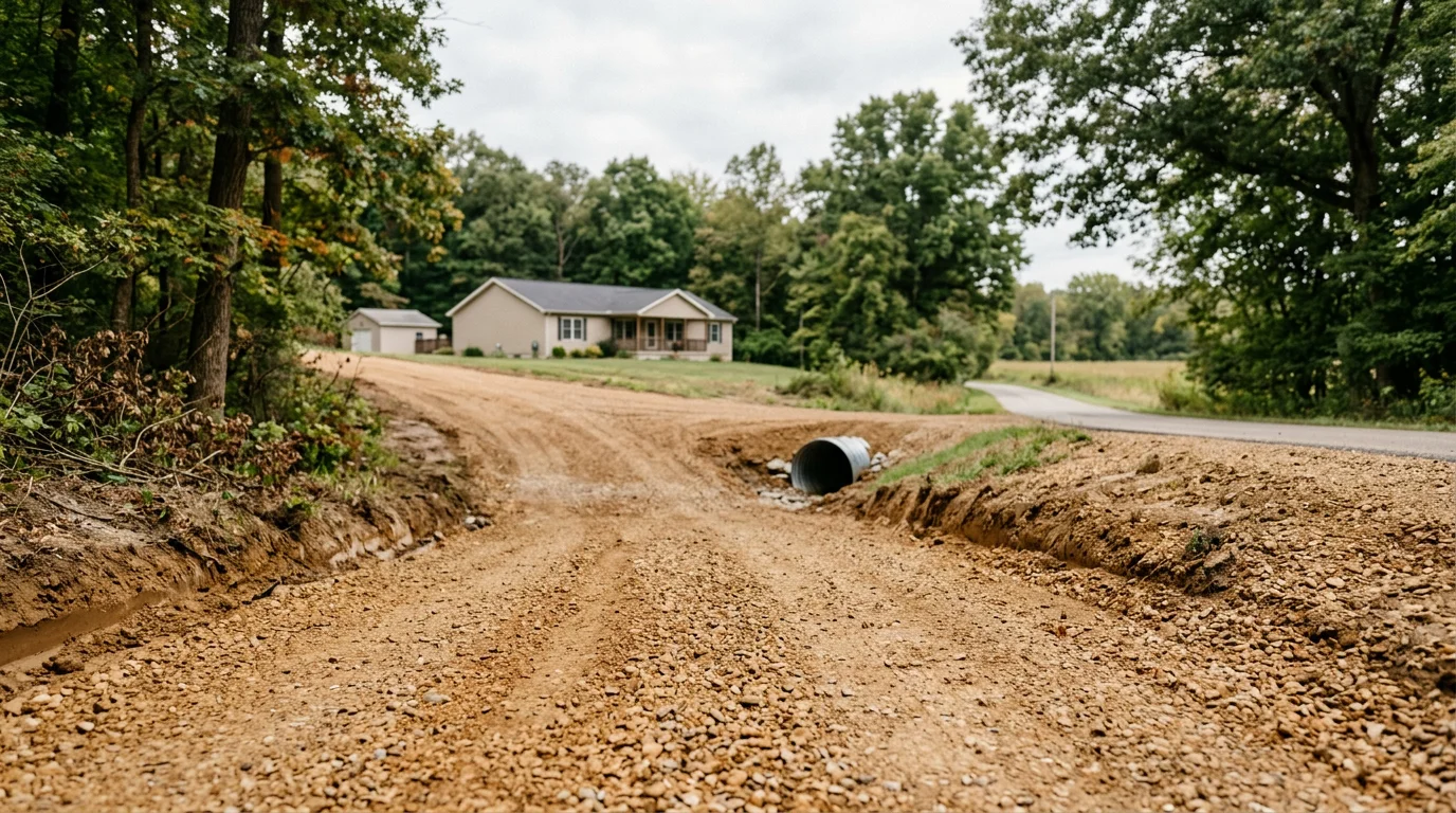 Gravel driveway installation on a sloped residential lot in Batesville, Indiana, with clay soil visible along the cut edges and a culvert at the road entrance.