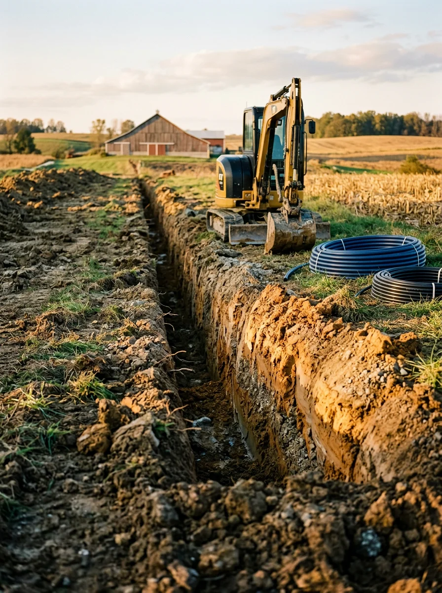 Water line trench being dug on a rural Franklin County property near Brookville, Indiana, with clay and glacial till soil exposed along the trench wall.