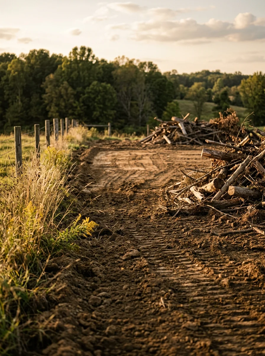 Rural land clearing on a Decatur County acreage parcel near Greensburg, Indiana, with brush removed and a building pad being graded on rolling terrain.
