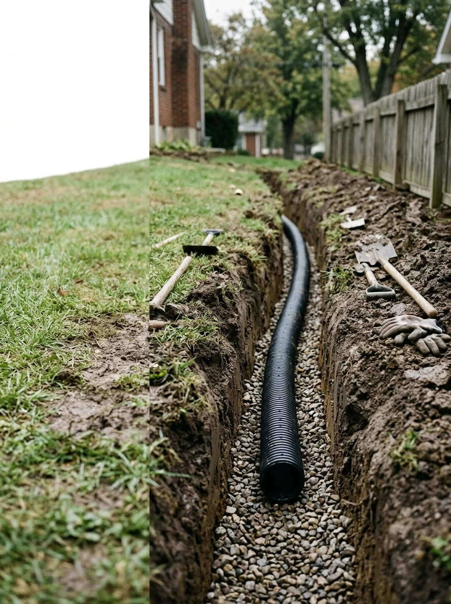 French drain installation in a low-lying Lawrenceburg, Indiana yard with saturated clay soil and perforated pipe being set in a gravel-lined trench.