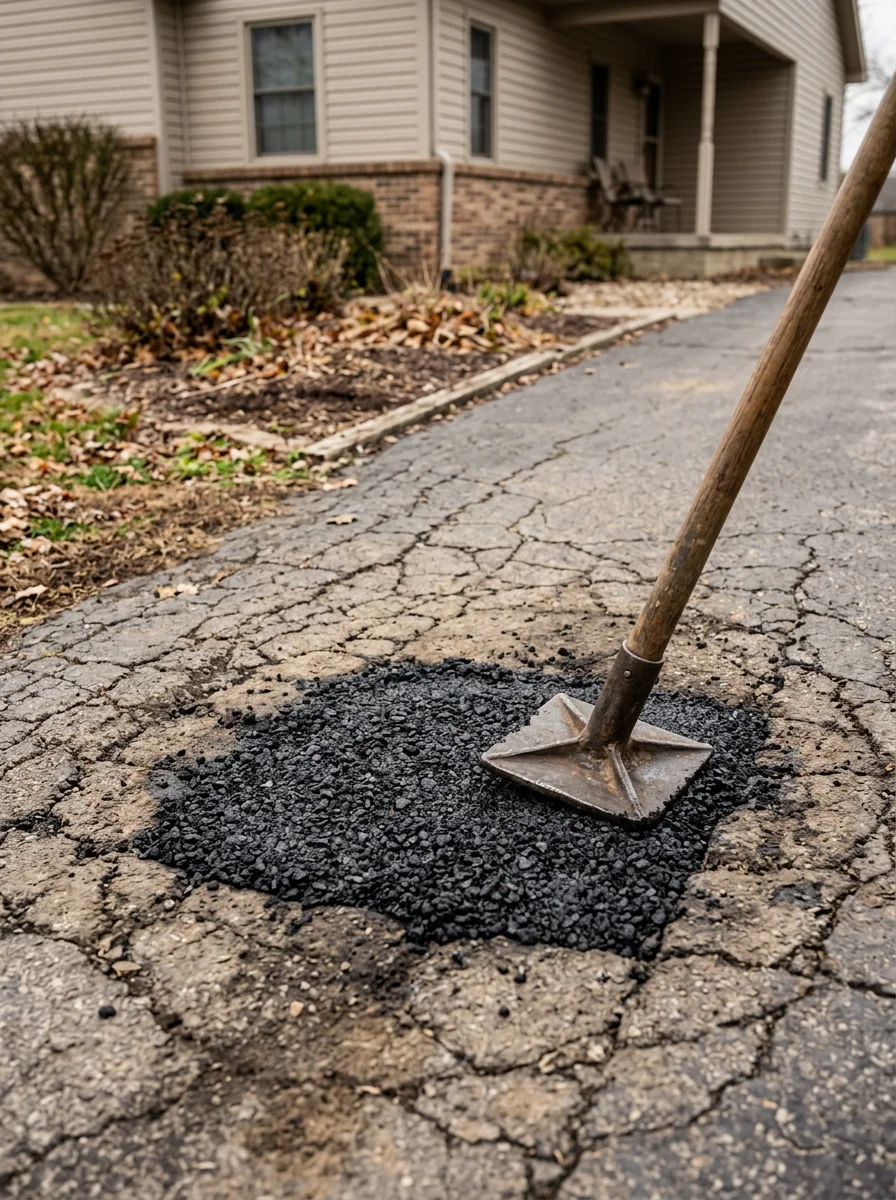 Asphalt pothole patching on a paved residential driveway in Sunman, Indiana, with freeze-thaw cracking visible on the surrounding surface and patching material being tamped.
