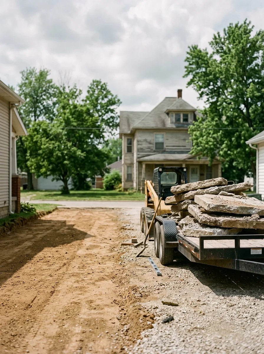 Concrete driveway removal in progress at an older Shelbyville, Indiana home, with broken slabs being loaded and the clay base exposed for regrading.