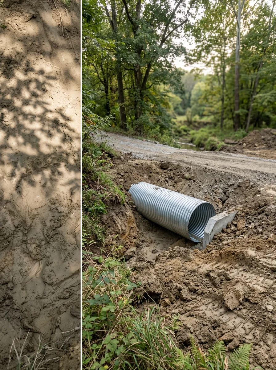 Culvert installation at a rural driveway creek crossing near Versailles, Indiana, with excavated clay banks and a new pipe being set at grade.