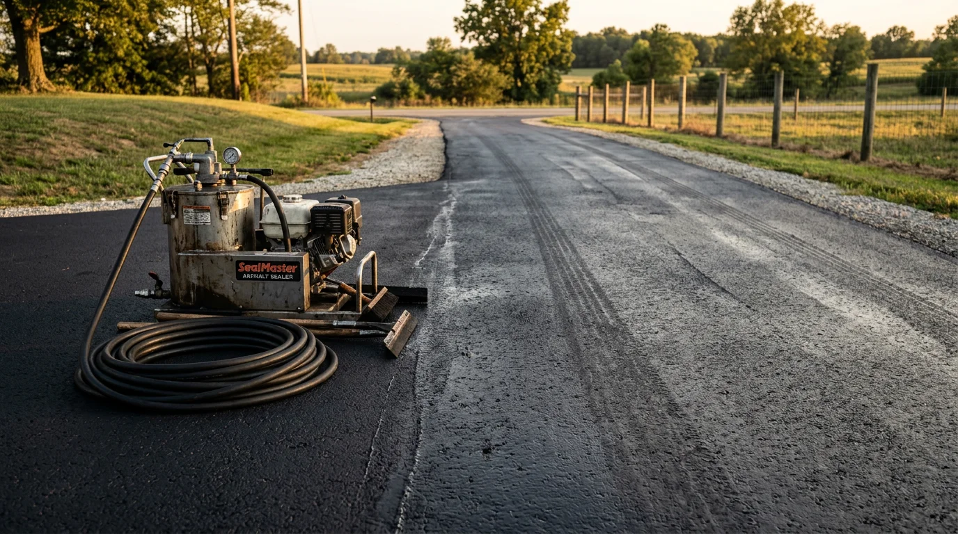 A freshly maintained asphalt driveway in Batesville, Indiana showing a clean, sealed surface with defined edges. The surrounding landscape reflects a typical residential property in Ripley County.