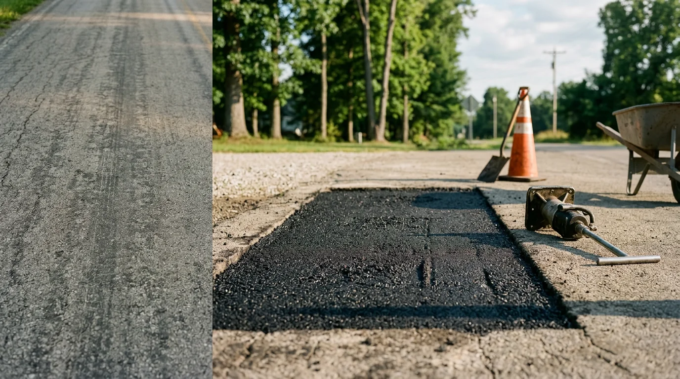 A repaired asphalt driveway in Batesville, Indiana showing a freshly patched and compacted section surrounded by existing pavement. The patch is flush with the surface, with clean edges where deteriorated asphalt was removed and replaced.