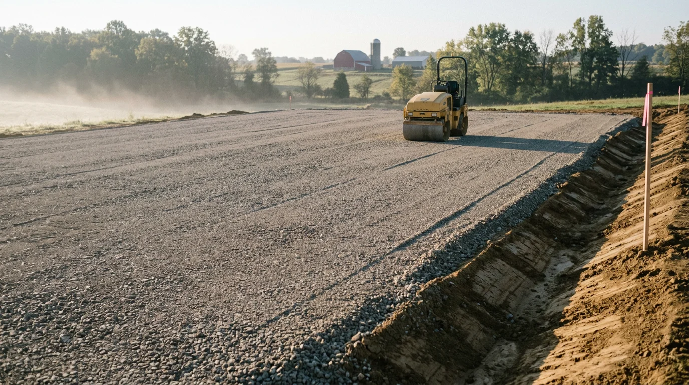 A freshly graded and compacted building pad on a rural property near Batesville, Indiana, with a level crushed stone surface ready for construction. Surrounding cleared ground shows cut-and-fill grading work completed by an excavating contractor.