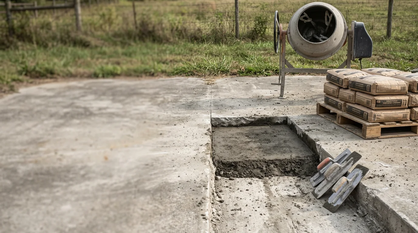 A freshly patched and finished concrete slab on a residential property in Batesville, Indiana, showing a smooth, even surface repair blending into the surrounding existing concrete. Close-up view highlights the troweled finish texture on the repaired section of flatwork.