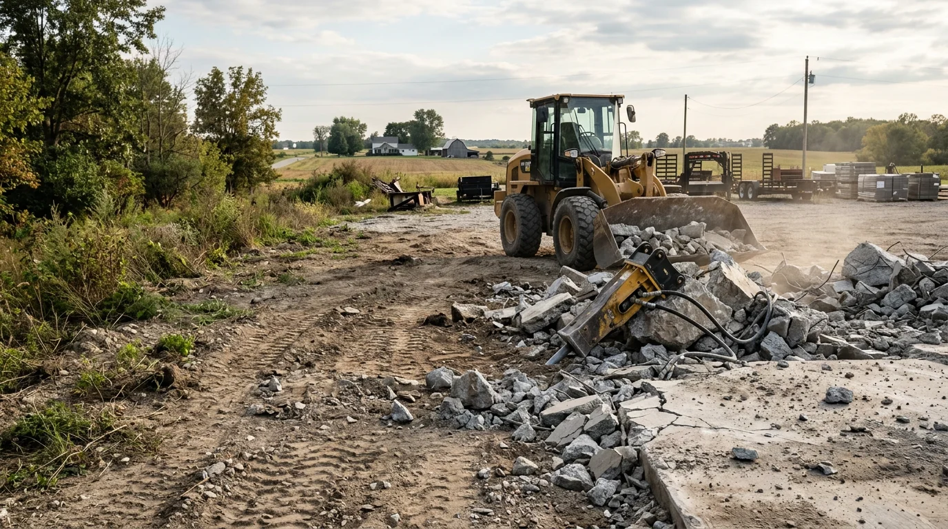 A broken concrete slab being removed from a residential property in Batesville, Indiana, with debris cleared and the ground exposed and ready for regrading. Heavy equipment is positioned on site during the demolition process.