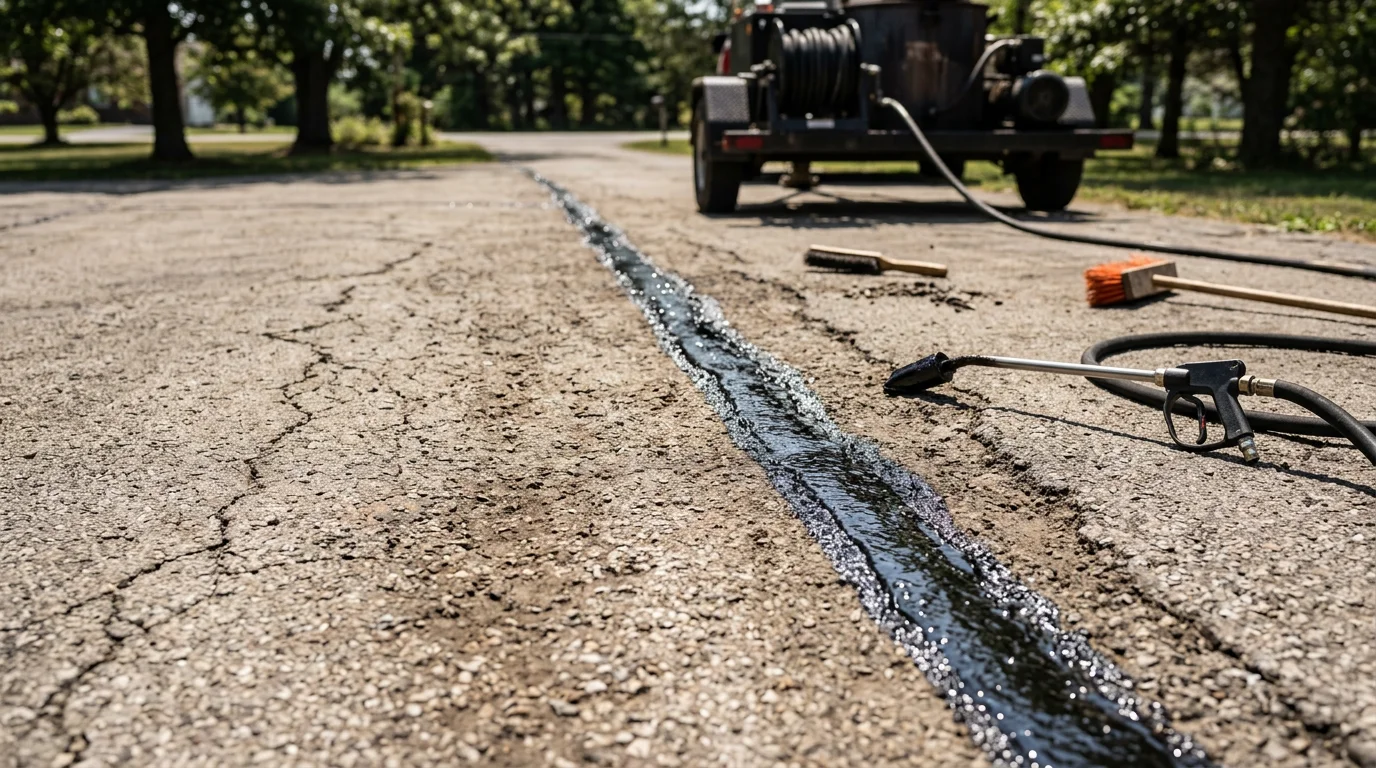 Close-up view of freshly sealed asphalt cracks on a residential driveway in Batesville, Indiana, with dark rubberized sealant filling surface cracks on a dry pavement surface. The surrounding asphalt shows typical southeastern Indiana weathering with minor surface oxidation.