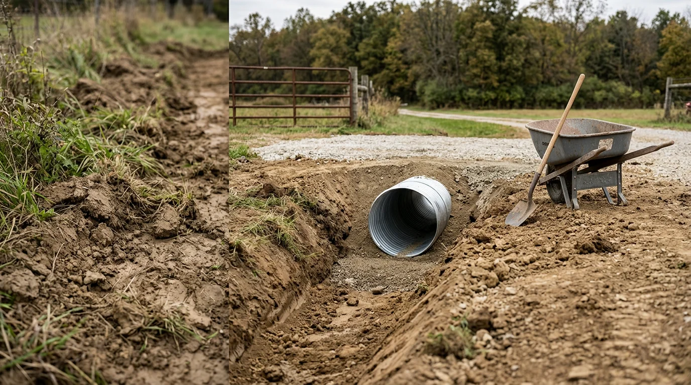 A newly installed culvert pipe set beneath a gravel driveway entrance in rural Ripley County, Indiana, with graded stone backfill and a clean ditch line on both sides of the crossing.