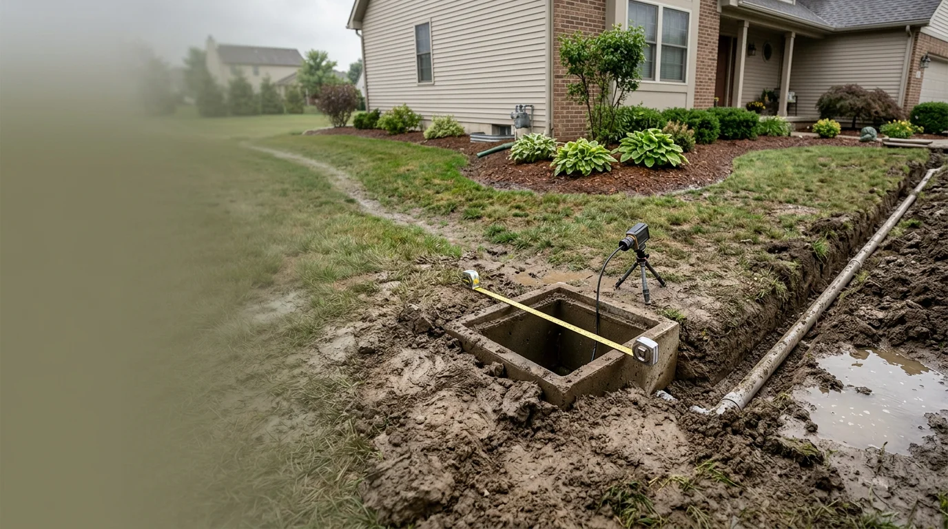 A drainage system inspection underway at a residential property in Batesville, Indiana, with a technician examining a catch basin and surface drainage channel in a yard showing signs of water pooling near the foundation.