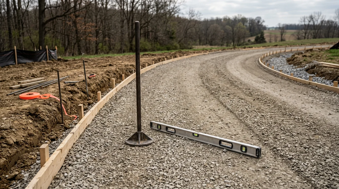 Freshly installed concrete driveway at a residential property in Batesville, Indiana, with clean edges, broom finish, and visible control joints. The driveway connects the garage to the road across a graded, level surface.