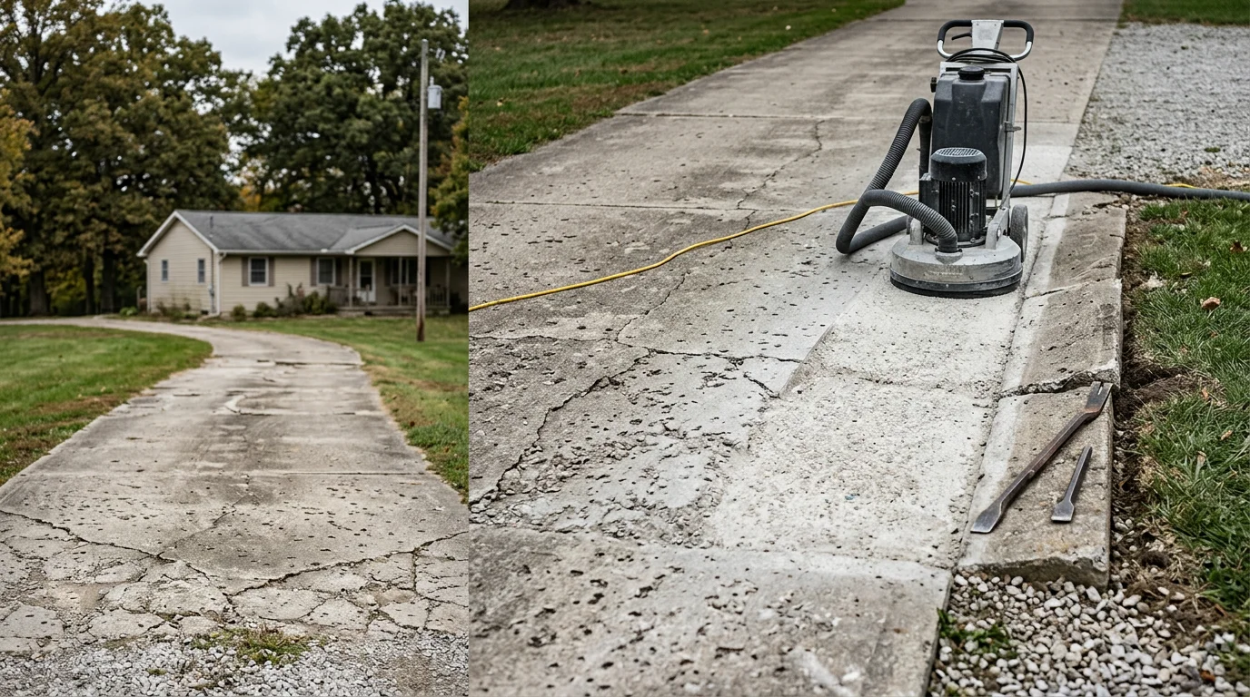 A restored concrete driveway in Batesville, Indiana showing a smooth, crack-free surface after repair work by Hodges Grading & Excavating. The repaired slab runs from the street to a residential garage with clean, even edges and no visible spalling.