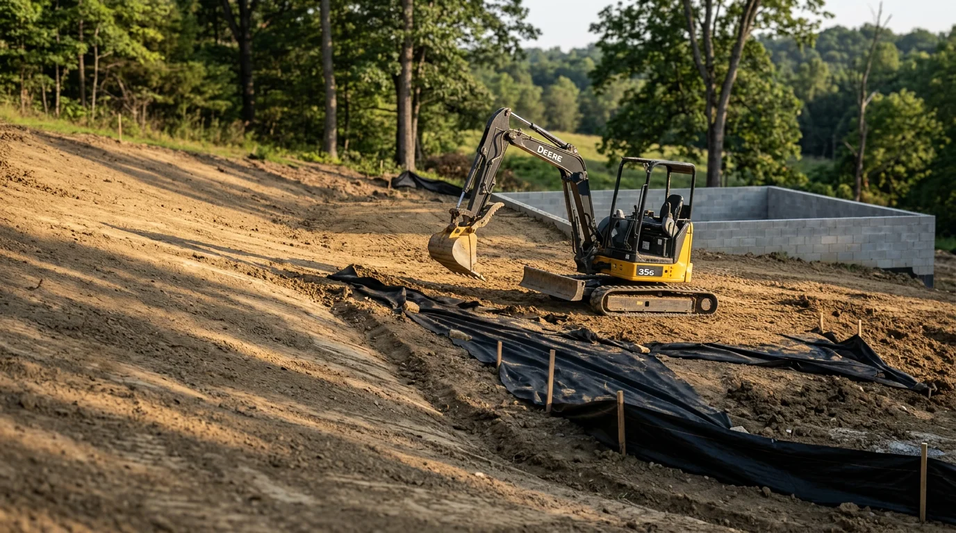 A graded residential slope in Batesville, Indiana with smoothed soil and reshaped grade directing runoff away from the home's foundation. The regraded yard shows clean contours typical of erosion control work on southeastern Indiana's rolling terrain.
