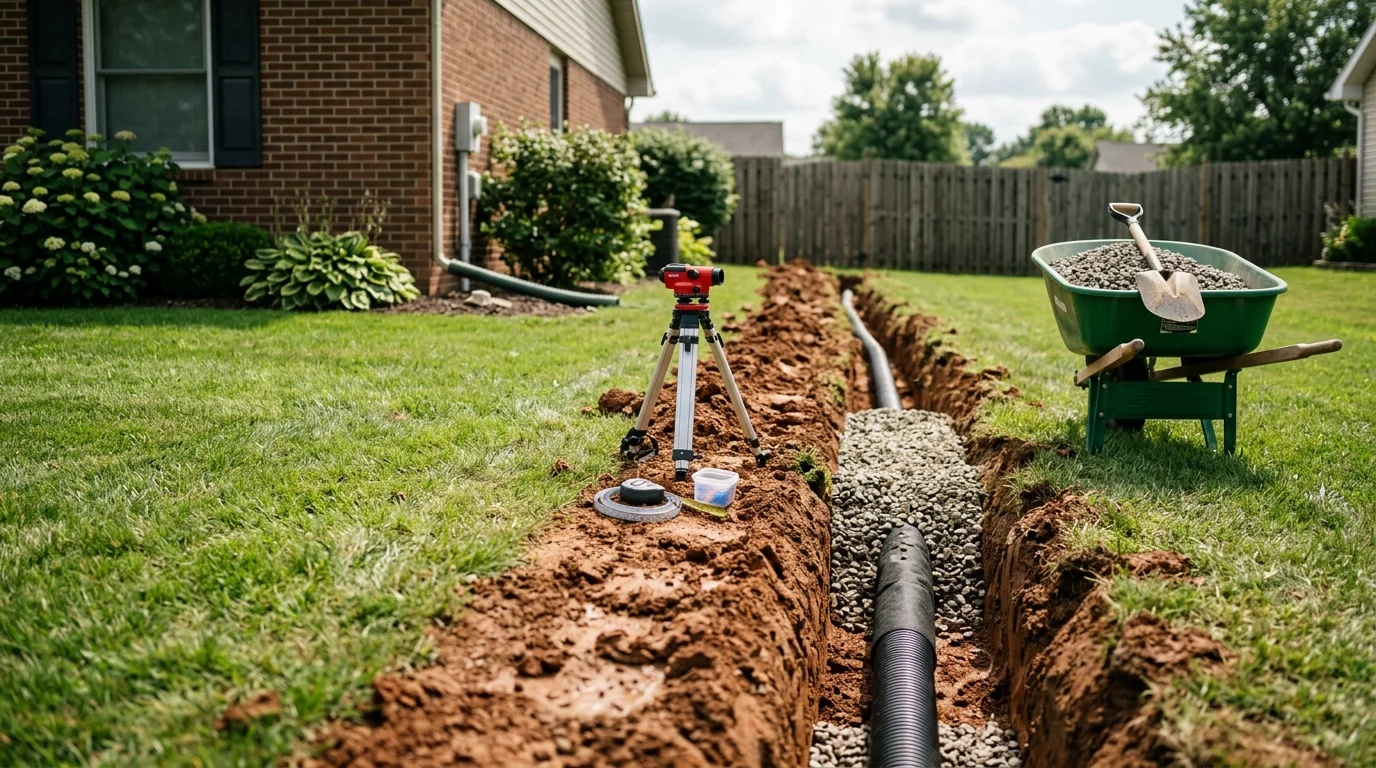 A freshly installed French drain trench filled with gravel running along the side of a residential property in Batesville, Indiana, with clay soil visible along the trench walls. The drain outlet extends toward a lower section of the yard, directing water away from the home's foundation.
