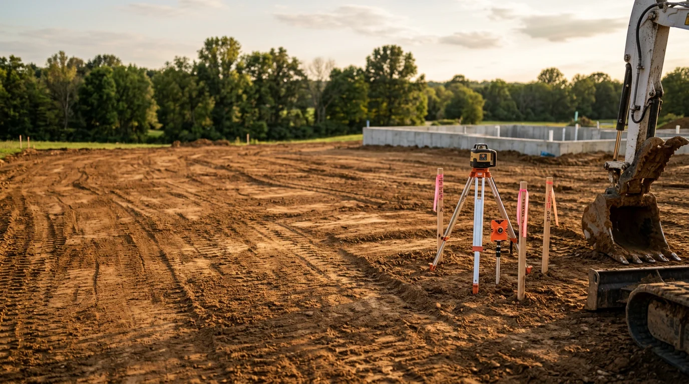 A graded residential lot in Batesville, Indiana showing a smooth, evenly sloped soil surface prepared for sod installation. A grading machine has shaped the ground away from the home's foundation with no visible low spots or pooling areas.