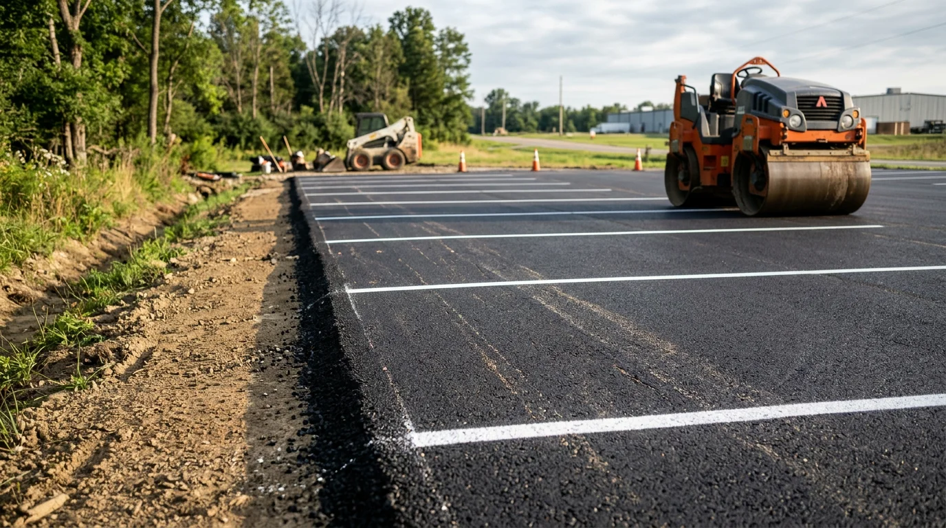 Freshly installed concrete parking lot at a commercial property in Batesville, Indiana, showing smooth surface, clear lot lines, and proper slope for drainage. Wide-angle view captures the full lot with a commercial building in the background.