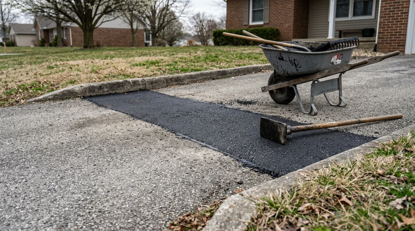 A freshly repaired pothole in an asphalt driveway in Batesville, Indiana, showing a smooth, compacted patch flush with the surrounding pavement surface. The repair area is clean and level, with no visible voids or loose material remaining.