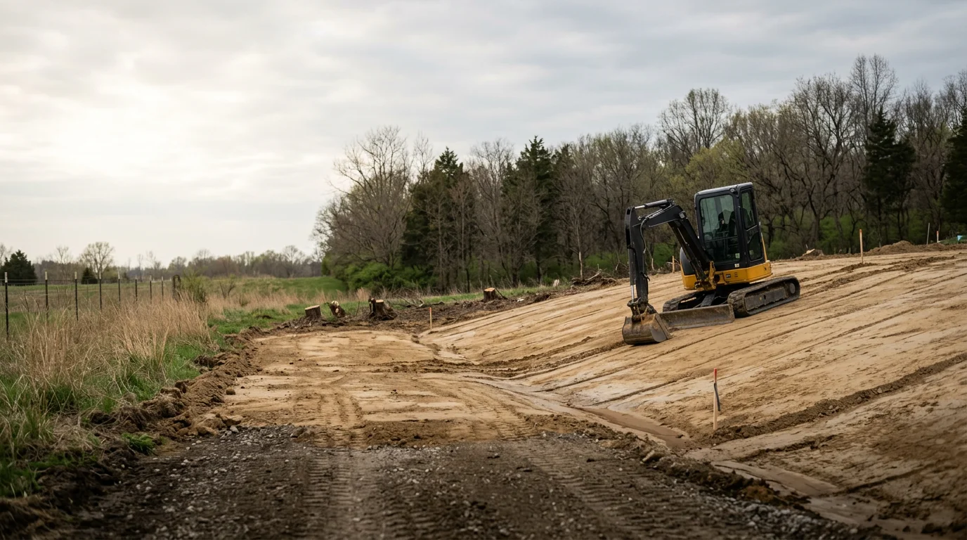 An excavator clearing and grading a raw residential lot in Batesville, Indiana, with exposed soil shaped for drainage and a clean build-ready surface. Heavy equipment positions the ground for foundation work on a southeast Indiana construction site.