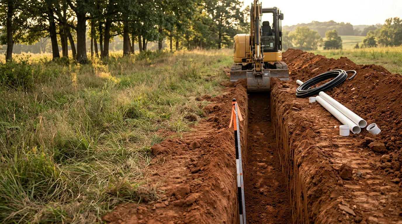 An excavator digging a narrow utility trench across a residential property in Batesville, Indiana, with dark clay soil visible along the trench walls. The surrounding yard remains largely undisturbed as the machine works along the planned line route.