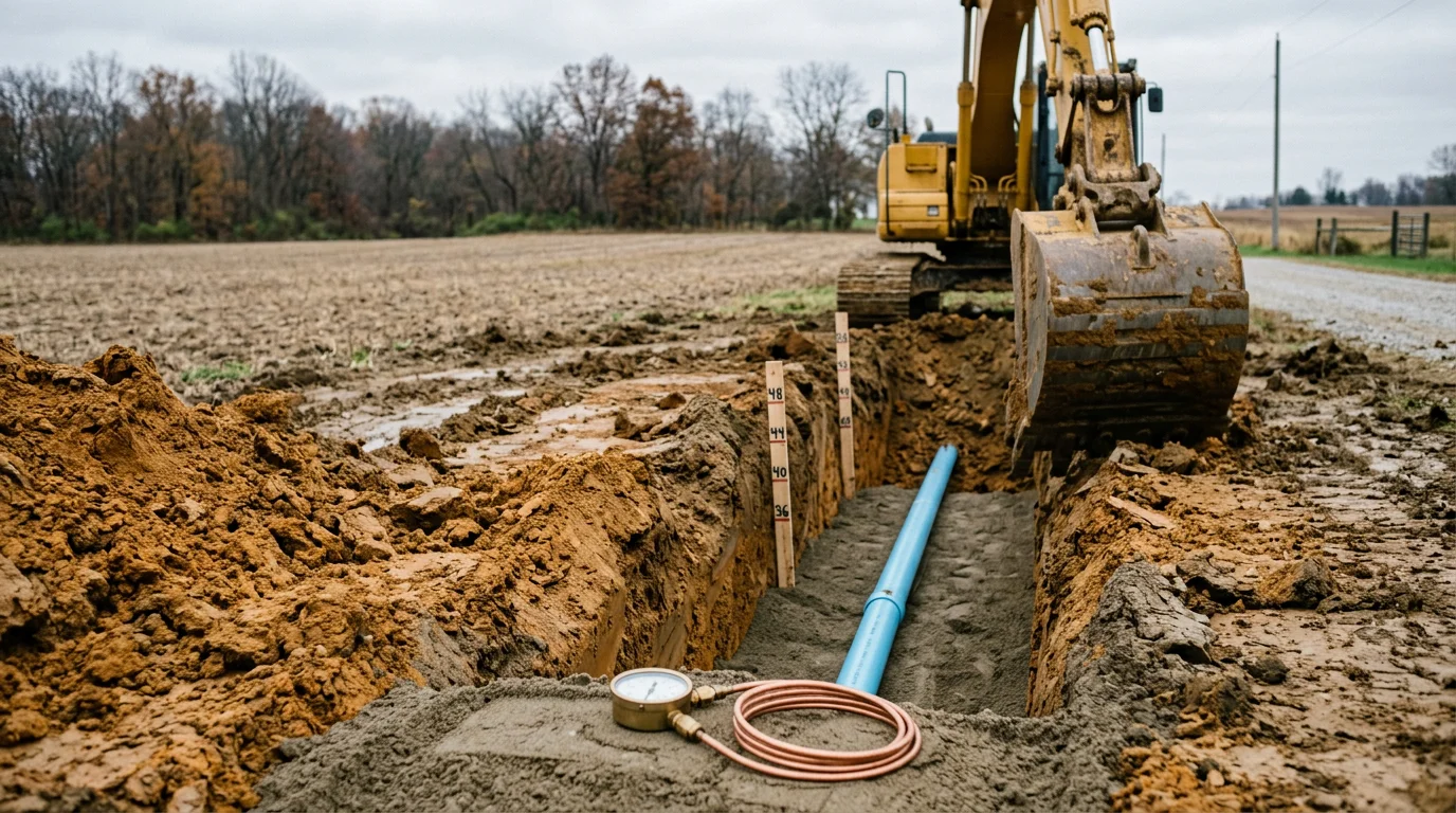 Excavator digging a deep trench for water line installation on a rural residential property near Batesville, Indiana. Freshly cut soil lines the trench as pipe bedding is prepared for placement below the frost line.