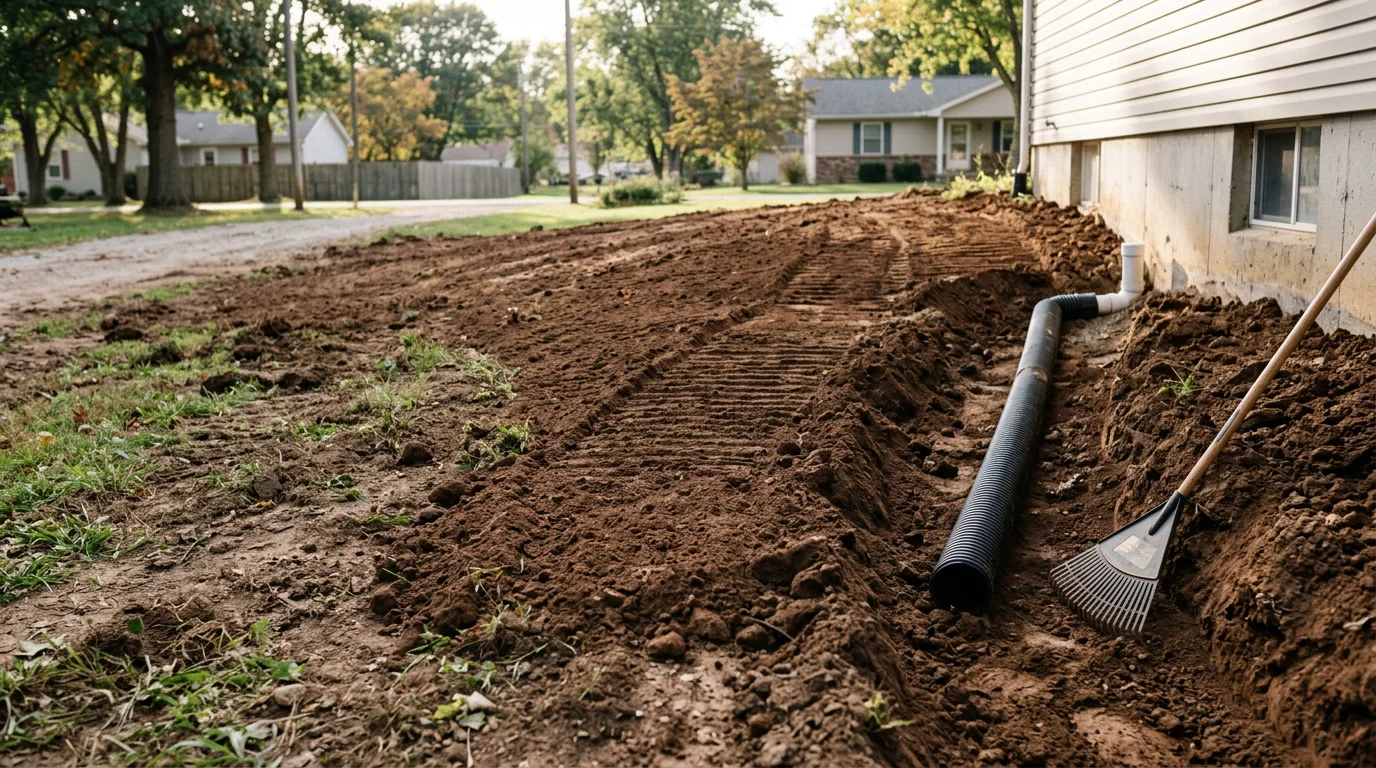 A residential yard in Batesville, Indiana after yard drainage repair, showing a regraded lawn with water flowing away from the home's foundation toward a corrected drainage outlet. The surrounding soil is firm and level with no standing water visible.